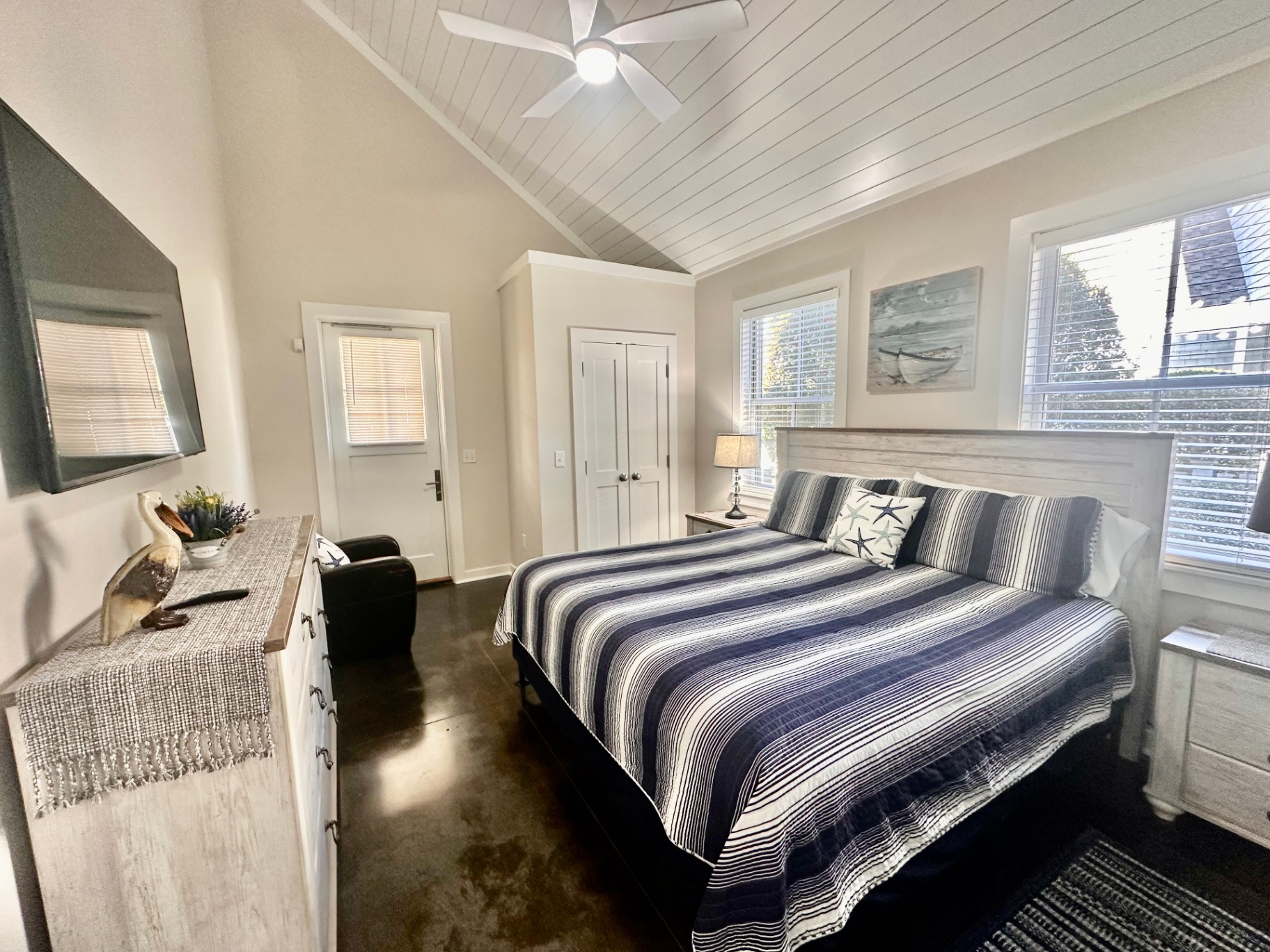 Primary Suite with King Bed and Vaulted Shiplap Ceiling