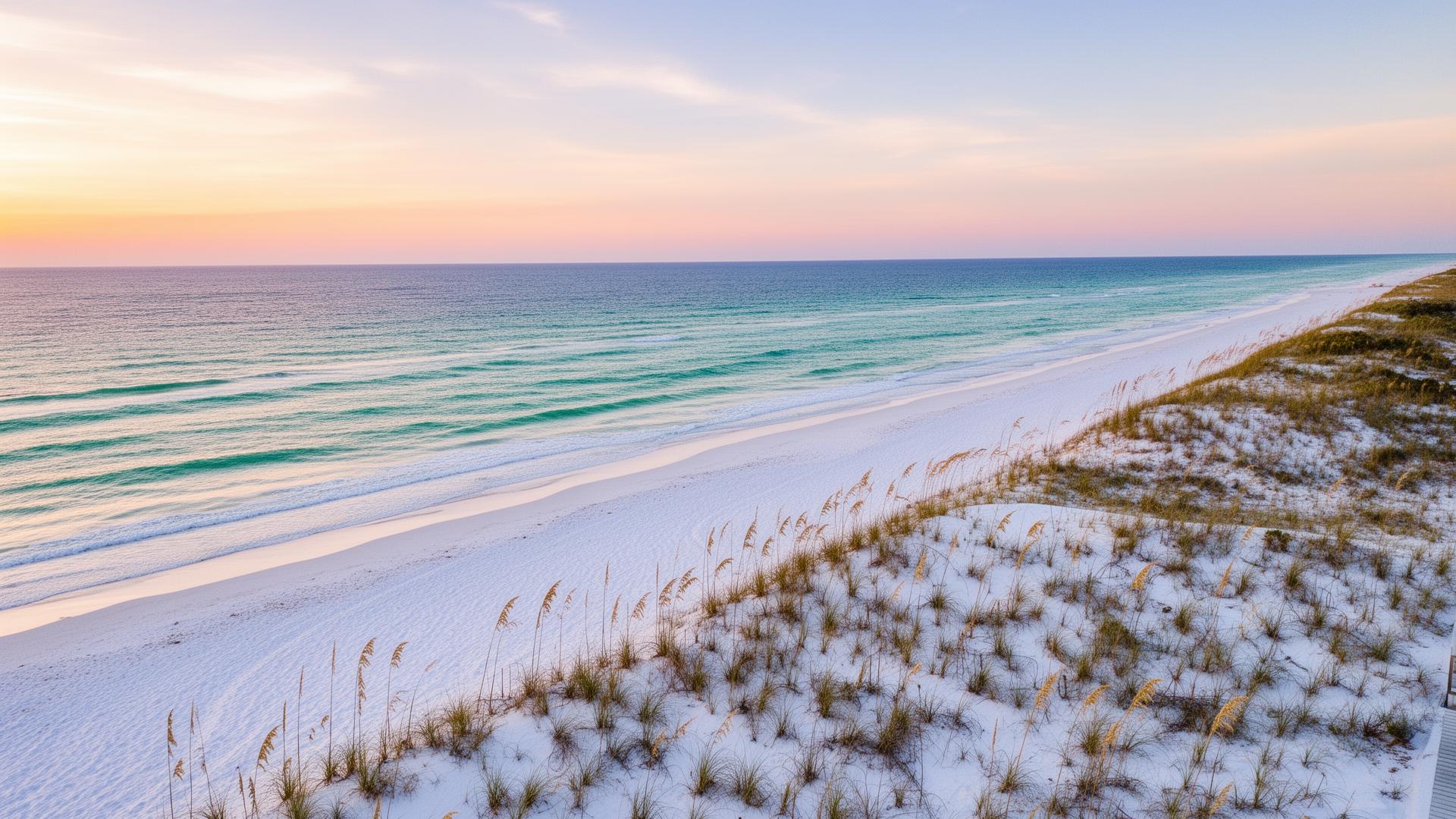 Sugar-white sand beach at sunset on Florida's 30A